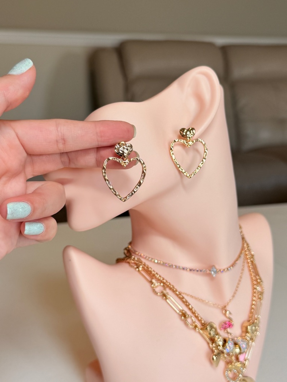 Gold Heart Drop Earrings - Picture 4 of 10